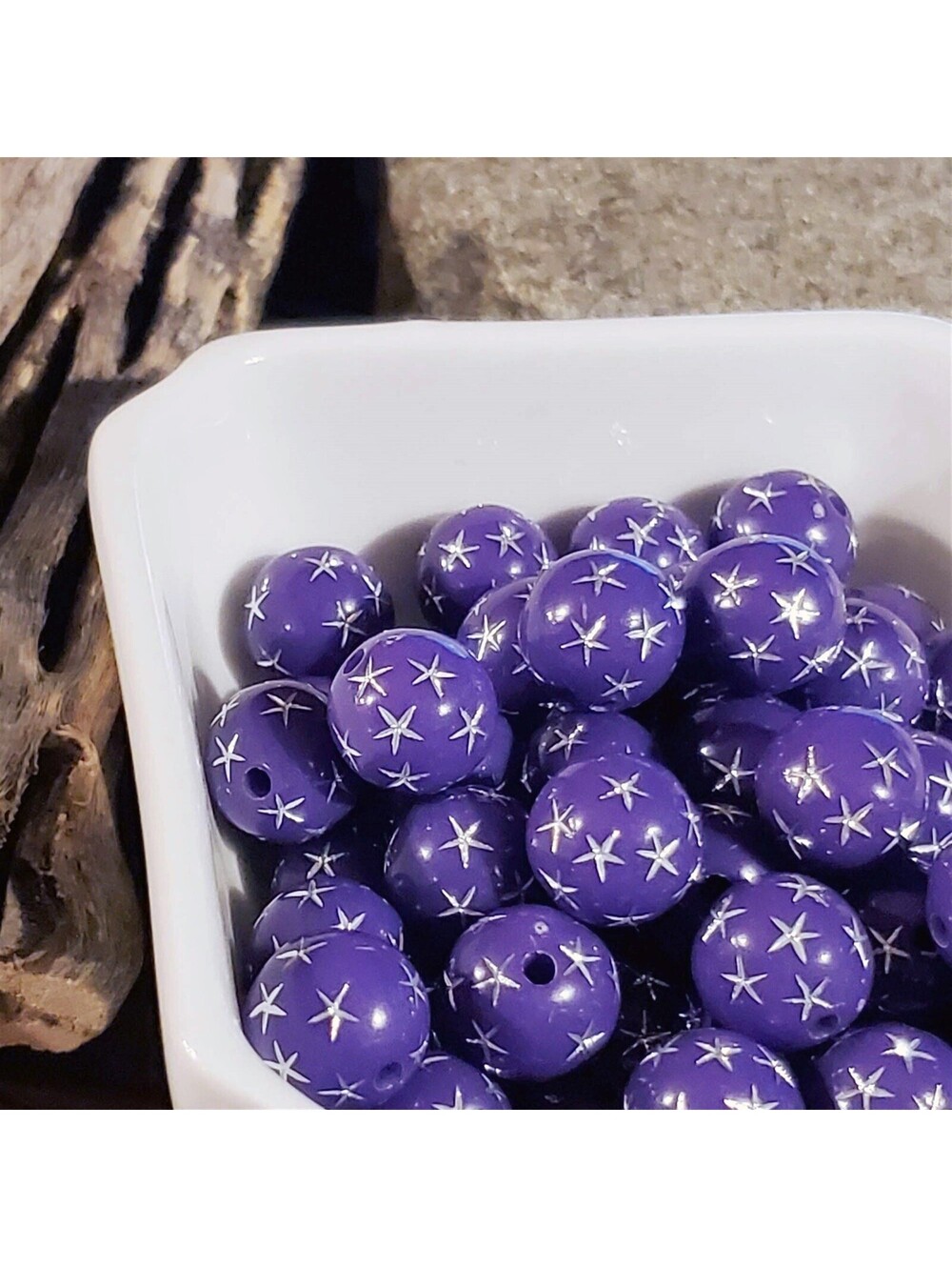 Vintage Retro Purple Silver Stars 12mm Round Acrylic Shabby Chic Beads 10 pcs